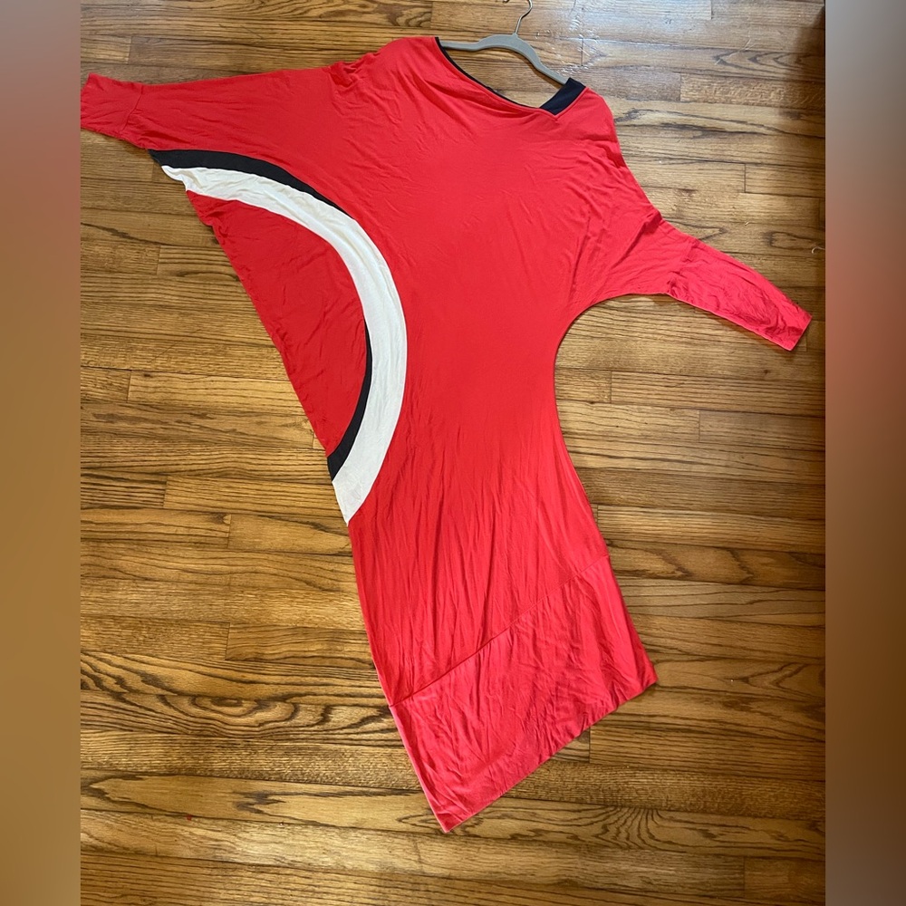 Asymmetrical 80s Red White and Navy Midi Dress by Tatuum Sz 40
